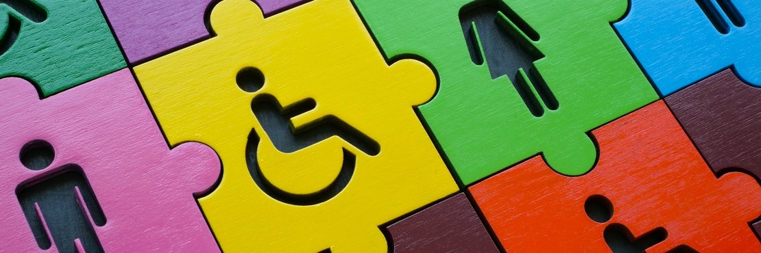 dekorativ, Puzzleteile mit Symbolen, Menschen weiblich, männlich, im Rollstuhl und ohne Rollstuhl