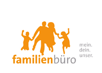 dekorativ, Logo des Familienbüros, Schriftzug Familienbüro und tanzende orange Familie