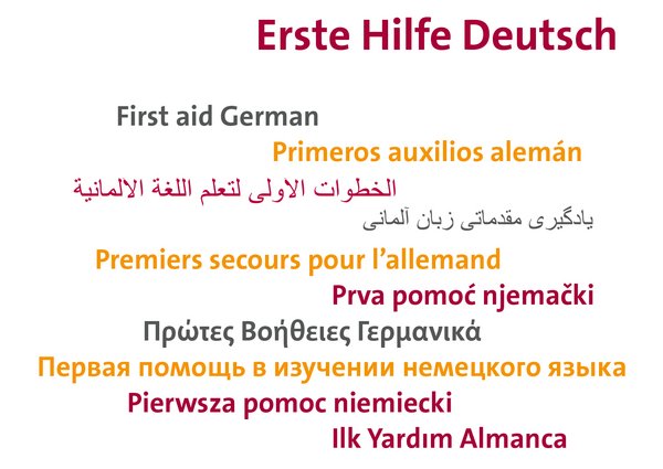 In mehreren Sprachen wird der Titel "Erste Hilfe Deutsch" dargestellt