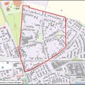 Kartenausschnitt vom Teilbereich in Kaarst-Büttgen nördlich der Holzbüttgener Straße mit den Grenzen Bahnstraße/Driescher Straße/Scharnhorstraße und Vom-Stein-Straße bis hin zum nördlichen Ortsrand von Büttgen. © Bezirksregierung Köln / Geobasis NRW