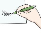 Eine Hand die mit einem Stift auf einem Blatt Papier eine Unterschrift zeichnet.