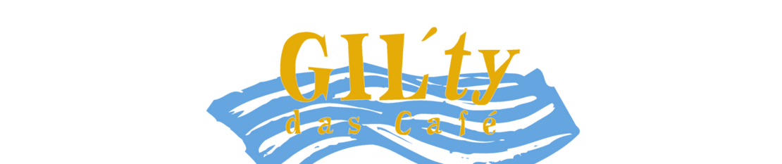 Logo der Jugendeinrichtung "Gilty- das Café"- Schriftzug "GIL´ty das Café" in gelb auf blauer Welle