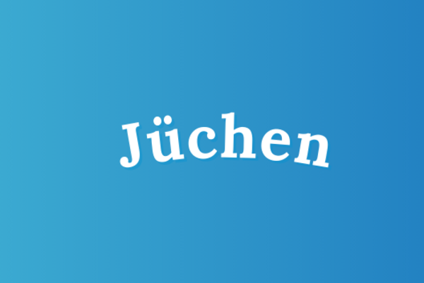 weißer Schriftzug "Jüchen" vor blauem Grund