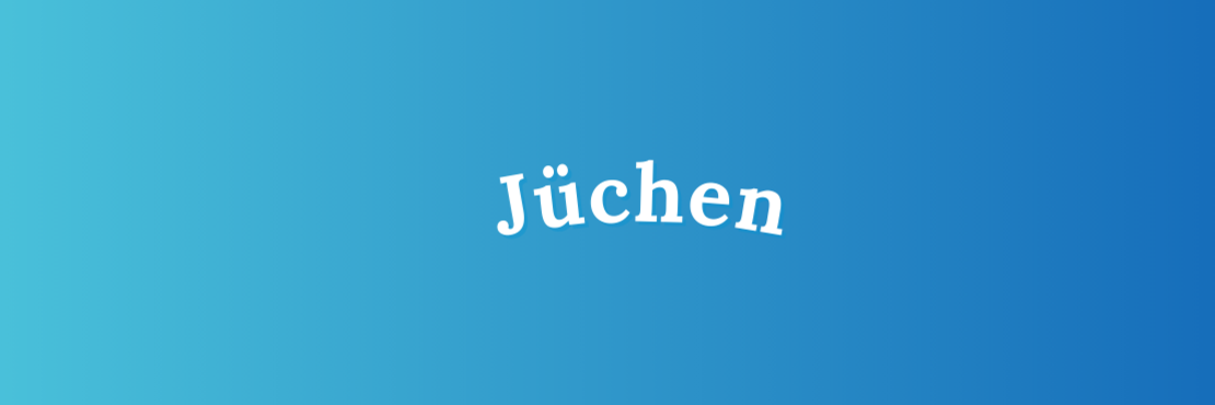 weißer Schriftzug "Jüchen" vor blauem Grund