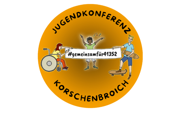 Logo der Jugendkonferenz Korschenbroich, drei Kinder unterschiedlichen Alters, unterschiedlicher Herkunft, Geschlecht und Interessen halten ein Schild mit dem Schriftzug "#gemeinsamfür41352", Schriftzug "jugendkonferenz Korschenbroich" 