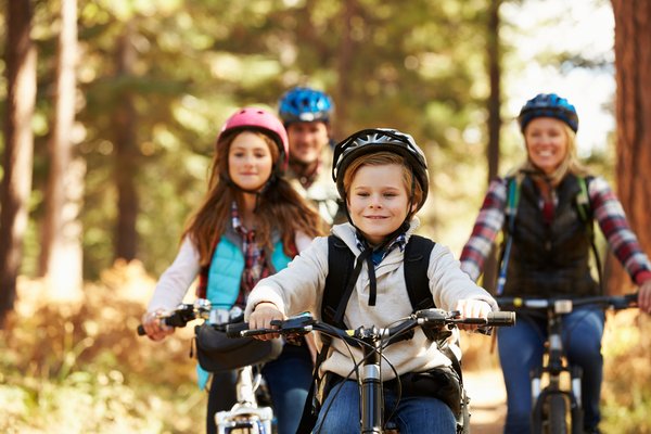 dekorativ, Familie beim Radfahren im Wald