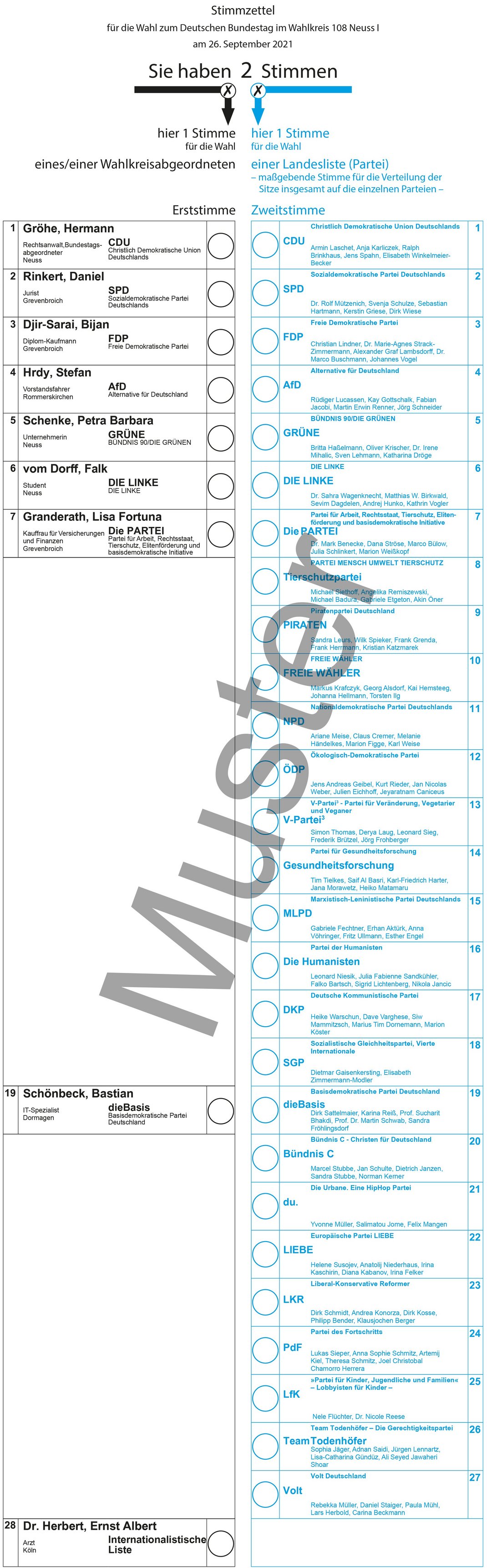 Muster-Stimmzettel zur Bundestagswahl 2021
