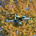 Das Bild zeigt eine Polizei-Drohne im Flug vor einem unscharfen Hintergrund aus Herbstlaub in Gelb- und Orangetönen. Die Drohne ist gelb und blau und trägt deutlich sichtbar den Schriftzug „POLIZEI“ an mehreren Stellen.  Der Fokus liegt auf der Drohne, der Hintergrund ist lediglich als Bokeh dargestellt. © Polizei Rhein-Kreis Neuss