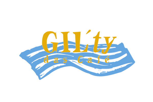 Logo der Jugendeinrichtung "Gilty- das Café"- Schriftzug "GIL´ty das Café" in gelb auf blauer Welle