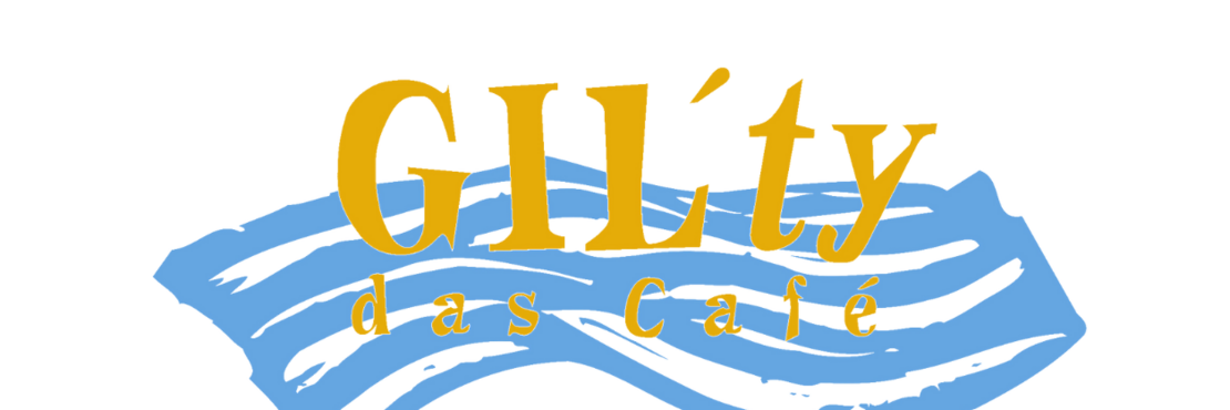 Logo der Jugendeinrichtung "Gilty- das Café"- Schriftzug "GIL´ty das Café" in gelb auf blauer Welle