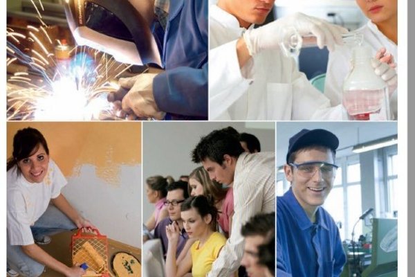 Das Bild zeigt Jugendliche mit unterschiedlichen Ausbildungsberufen und Freude an der Arbeit.