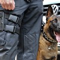 Das Bild zeigt die Beine eines Polizisten in Uniform, an denen ein Holster befestigt ist. Neben dem Polizisten steht ein Polizeihund, ein Belgische Schäferhund, der ein Halsband mit der Aufschrift „Polizei“ trägt. Im Hintergrund ist ein Teil eines silbernen Fahrzeugs zu sehen.  Der Fokus liegt auf dem Polizisten und seinem Hund. © Polizei Rhein-Kreis Neuss