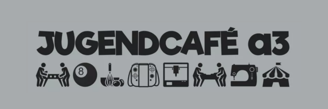 Logo des Jugendcafés a3 in Jüchen, Schriftzug "Jugendcafé a3" und darunter Spielekonsole, Nähmaschine etc.