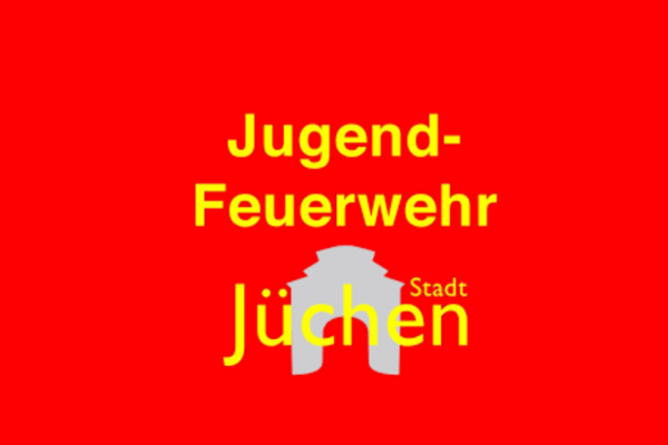 roter Grund, gelber Schriftzug "Jugend-Feuerwehr Stadt Jüchen"