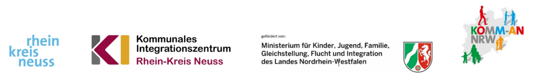 Abbildung wichtiger Logos - Rhein-Kreis Neuss, Kommunales Integrationszentrum, Ministerium für Kinder, Familie, Flüchtlinge und Integration, KOMM-AN NRW 
