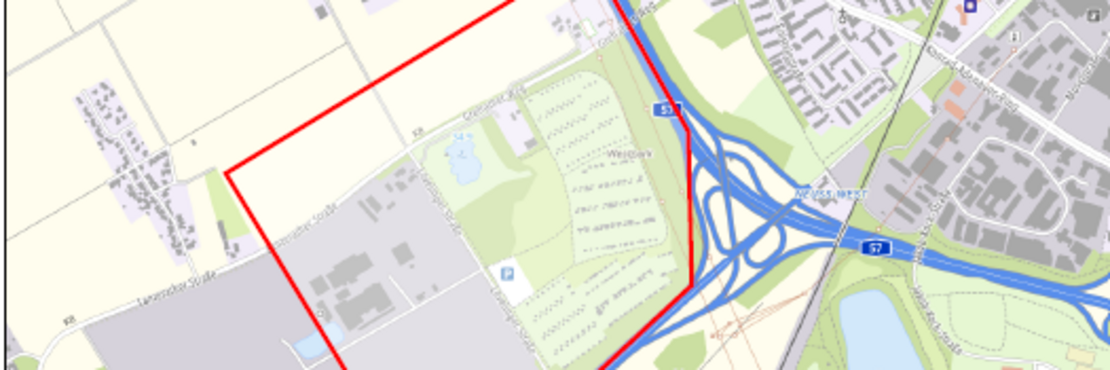 Kartenausschnitt von Neuss-Grefrath. Der entsprechende Bereich ist mit einer rot-gestrichelten Linie umrandet.