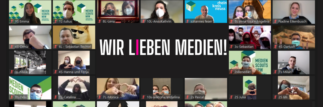 Screenshot mit vielen Teilnehmern einer Videokonferenz. Text: Medienscouts NRW, Wir lieben Medien! Rhein-Kreis Neuss, 2021/2022