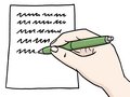 Eine Hand schreibt mit einem Stift etwas auf ein Blatt Papier.