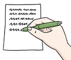 Eine Hand schreibt mit einem Stift etwas auf ein Blatt Papier.