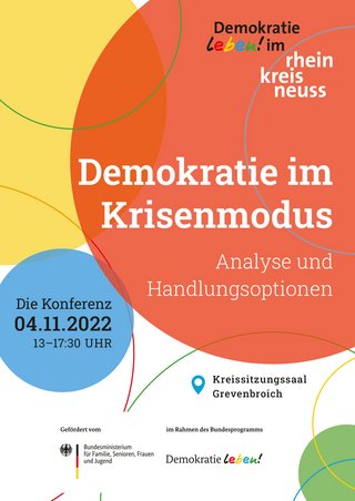 Plakat: 04.11.2022 13 – 17:30 Uhr Demokratie leben im Rhein-Kreis Neuss, Die Konferenz, Kreissitzungssaal Grevenbroich Auf der Schanze 4, 41515 Grevenbroich
