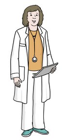 Eine Ärztin im Arztkittel mit einem Klemmbrett in der Hand.