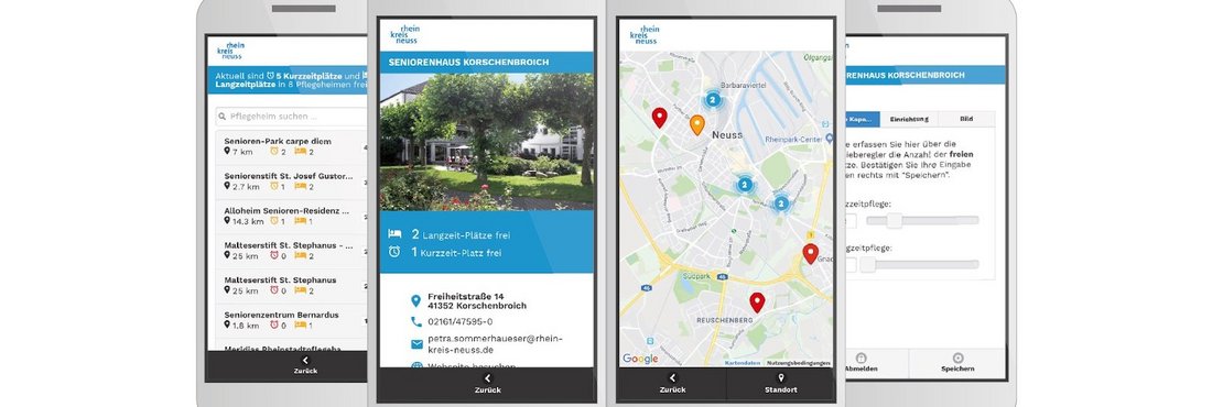 Vier Ansichten des Pflegefinders auf Smartphones