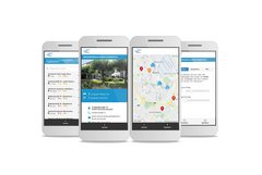 Vier Ansichten des Pflegefinders auf Smartphones