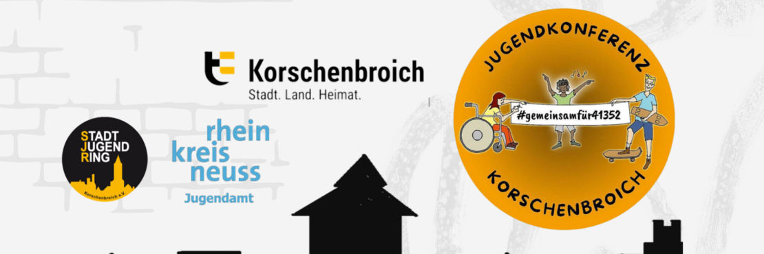 dekorativ, Skyline der Stadt Korschenbroich, Logo der korschenbroicher Jugendkonferenz, Logo des Stadtjugendrings Korschenbroich, des Rhein-Kreises Neuss und der Stadt Korschenbroich