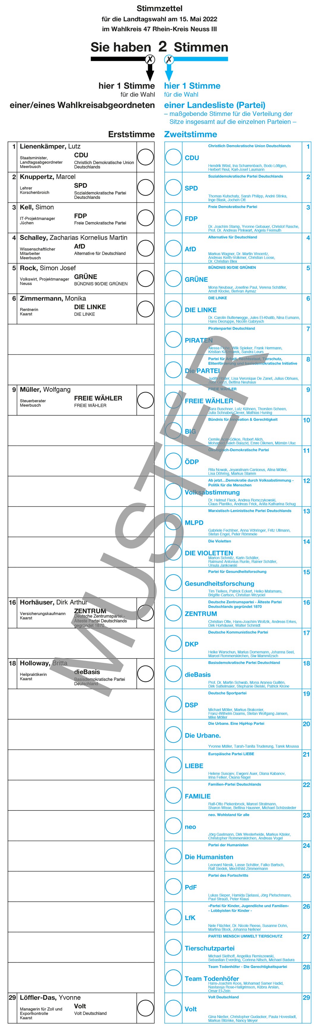 Muster-Stimmzettel zur Landtagswahl 2022: Wahlkreis 47 Rhein-Kreis Neuss III