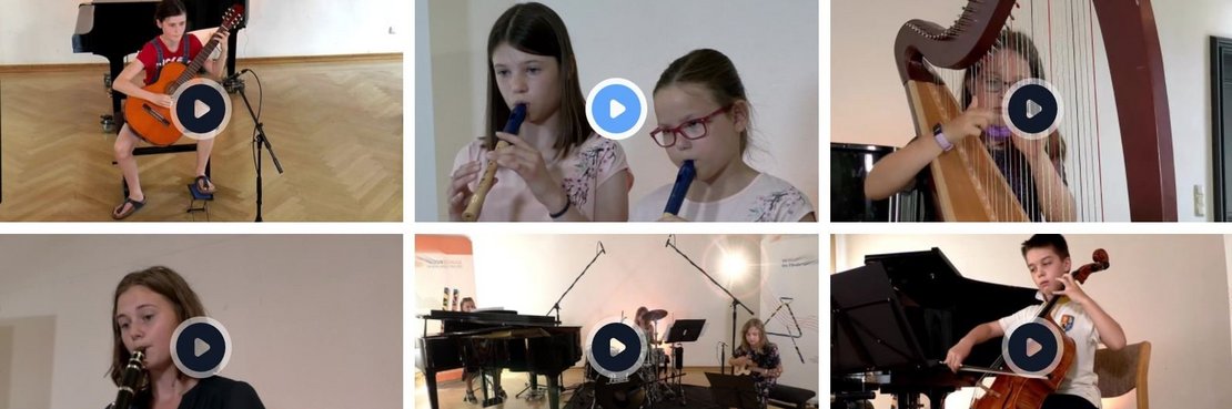 Collage von neun Bildschirmfotos zeigt musizierende Kinder