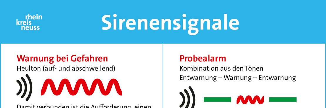 Warnung bei Gefahren: Heulton auf- und abschwellend, Entwarnung: Dauerton, Probealarm: Kombination aus Entwarnung - Warnung - Entwarnung; Alarmierung der Feuerwehr: Dauerton zweimal unterbrochen 