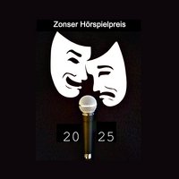 Zwei Masken singen in ein Mikrofon. Über den Masken ist der Text "Zonser Hörspielpreis" zu lesen und beim Mikrofon die Jahreszahl 2025.