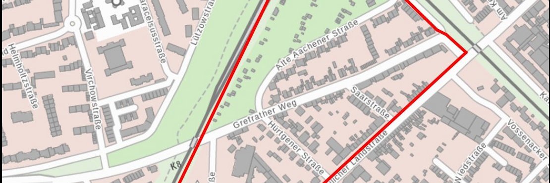 Kartenausschnitt vom Kreispolizeigelände in Neuss mit den Bereichen Alte Aachener Straße, Hürtgener Straße, Saarstraße, Grefrather Weg 1 bis 47 und 2 bis 60 und Jülicher Landstraße 36 bis 180. Die Jülicher Landstraße 41 bis 117 liegt nicht im betroffenen Bereich.