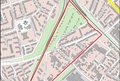 Kartenausschnitt vom Kreispolizeigelände in Neuss mit den Bereichen Alte Aachener Straße, Hürtgener Straße, Saarstraße, Grefrather Weg 1 bis 47 und 2 bis 60 und Jülicher Landstraße 36 bis 180. Die Jülicher Landstraße 41 bis 117 liegt nicht im betroffenen Bereich.
