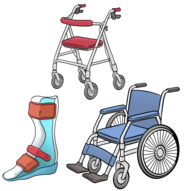Verschiedene Hilfsmittel /  Rollator, Rollstuhl, Beinschiene