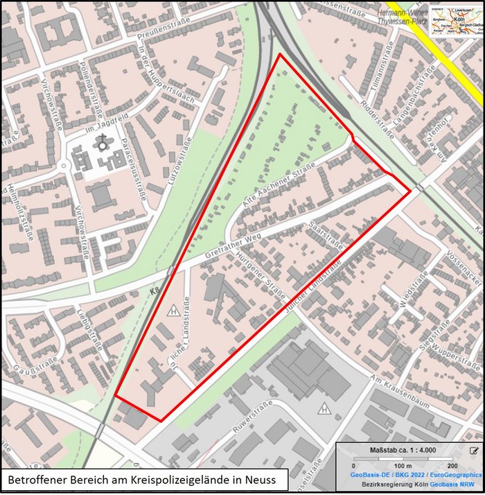 Kartenausschnitt vom Kreispolizeigelände in Neuss mit den Bereichen Alte Aachener Straße, Hürtgener Straße, Saarstraße, Grefrather Weg 1 bis 47 und 2 bis 60 und Jülicher Landstraße 36 bis 180. Die Jülicher Landstraße 41 bis 117 liegt nicht im betroffenen Bereich.