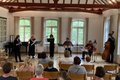 Foto von Personengruppe: Simone Mentzen, Elisabeth Leonhard, Susanne Toth (Querflöte), Leonard Gincberg (Percussion) und Arne Diekow (Kontrabass)