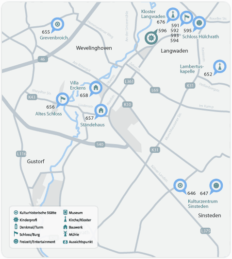 Karte des Ludwig-Soumagne-Wegs in Grevenbroich und Rommerskirchen