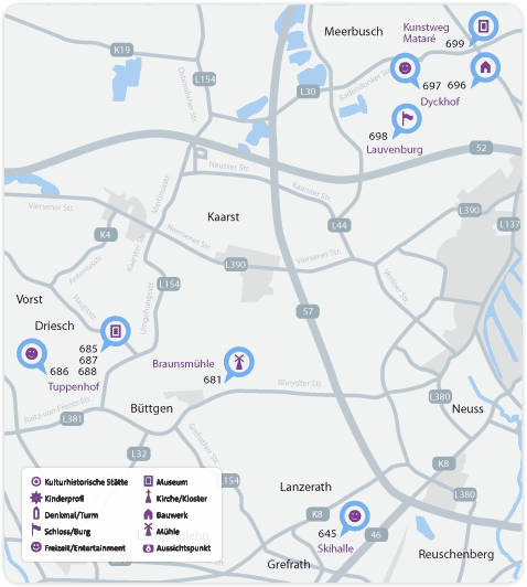 Karte des Ludwig-Soumagne-Wegs in Meerbusch und Kaarst