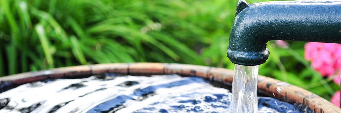 Klares Brunnenwasser fließt in einen Holzbottich. Im Hintergrund hohes Gras und Pflanzen.